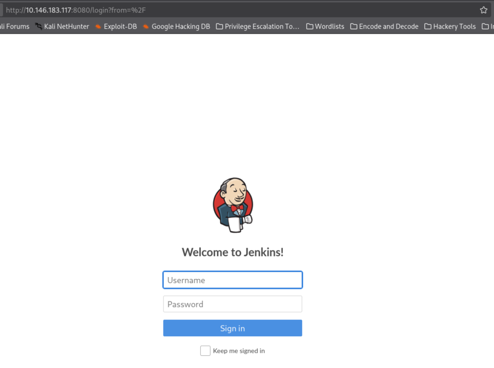 Jenkins login page on port 8080
